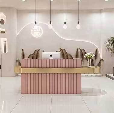 Luxury Beauty Hair Salon Small pink Front Table Gold Stainless Steel Cashier Desk Wooden Reception Counter
