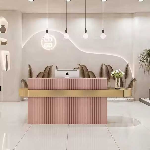 Luxury Beauty Hair Salon Small pink Front Table Gold Stainless Steel Cashier Desk Wooden Reception Counter
