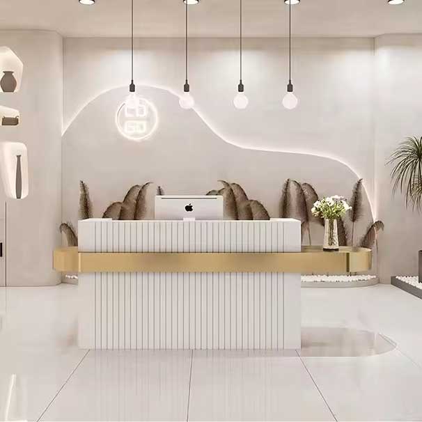 Luxury Beauty Hair Salon Small pink Front Table Gold Stainless Steel Cashier Desk Wooden Reception Counter