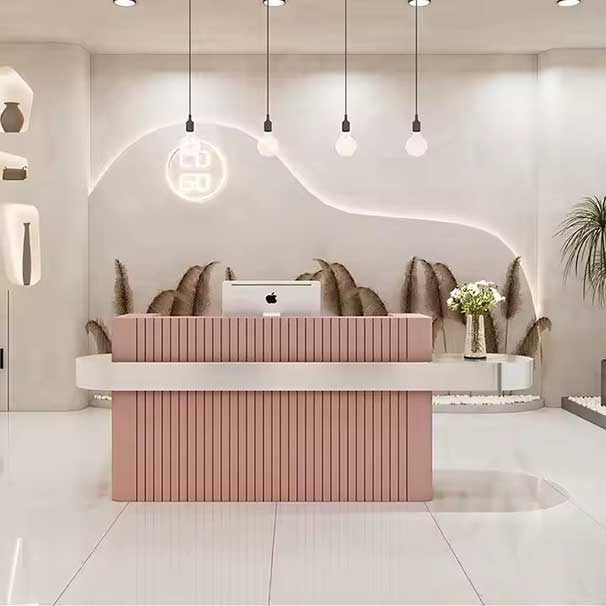 Luxury Beauty Hair Salon Small pink Front Table Gold Stainless Steel Cashier Desk Wooden Reception Counter