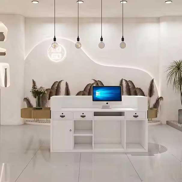 Luxury Beauty Hair Salon Small pink Front Table Gold Stainless Steel Cashier Desk Wooden Reception Counter