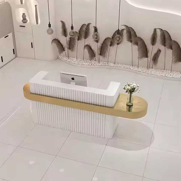 Luxury Beauty Hair Salon Small pink Front Table Gold Stainless Steel Cashier Desk Wooden Reception Counter