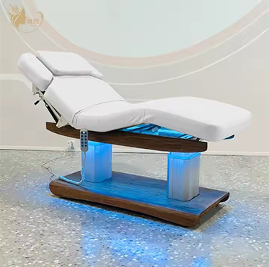 Wood Grain Dual Column Base Massage Bed with Full Tilt Function for Facial Treatment Spa