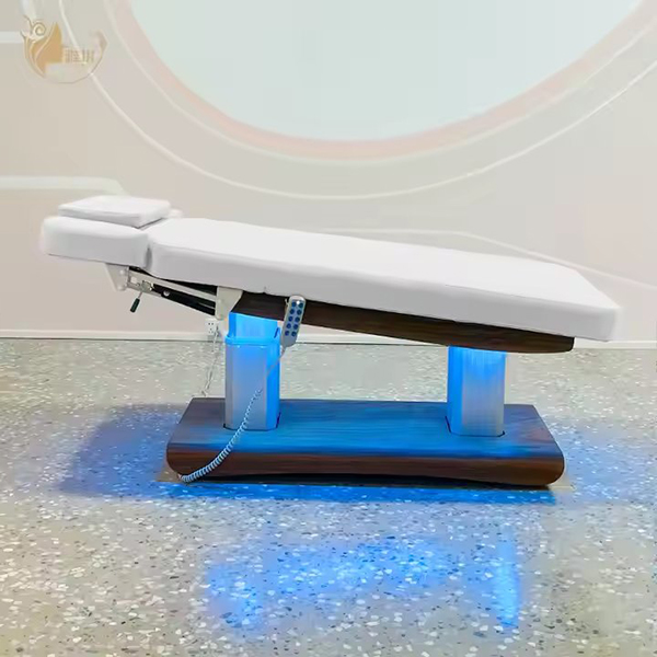 Wood Grain Dual Column Base Massage Bed with Full Tilt Function for Facial Treatment Spa