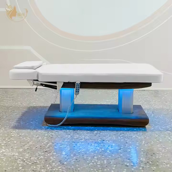 Wood Grain Dual Column Base Massage Bed with Full Tilt Function for Facial Treatment Spa