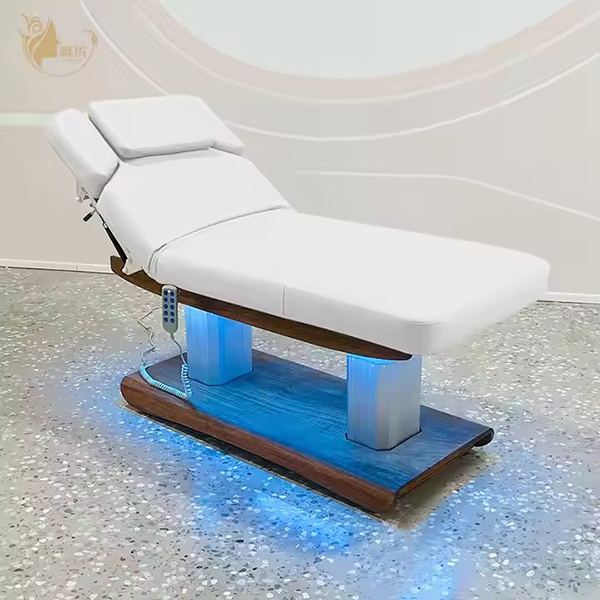Wood Grain Dual Column Base Massage Bed with Full Tilt Function for Facial Treatment Spa