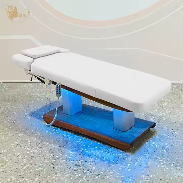 Wood Grain Dual Column Base Massage Bed with Full Tilt Function for Facial Treatment Spa