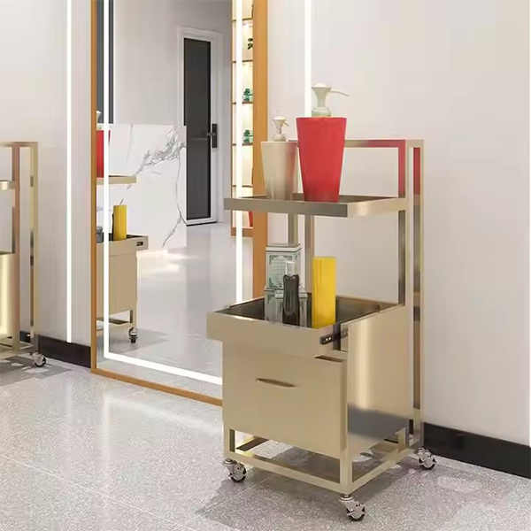 High Quality Luxury Barber Shop Trolley Cart Beauty Salon Equipment Gold Stainless Steel Saloon Trolley with Drawer and Wheel