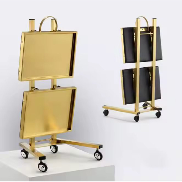 Hot Sale Beauty Gold Salon Cart Folding Portable Stainless Steel Frame Salon Trolley Hairdressing with 4 Wheels