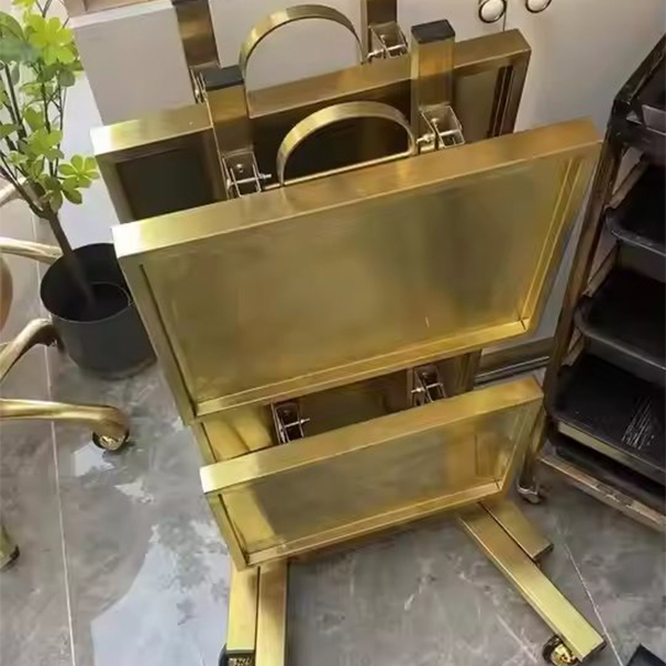 Hot Sale Beauty Gold Salon Cart Folding Portable Stainless Steel Frame Salon Trolley Hairdressing with 4 Wheels