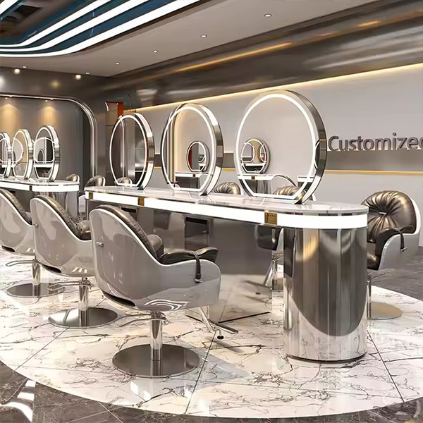 Luxury Gold 3 Seater Double Side Hair Salon Mirrors Station Barber Shop Mirrors With Led Lights