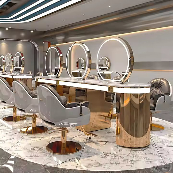 Luxury Gold 3 Seater Double Side Hair Salon Mirrors Station Barber Shop Mirrors With Led Lights