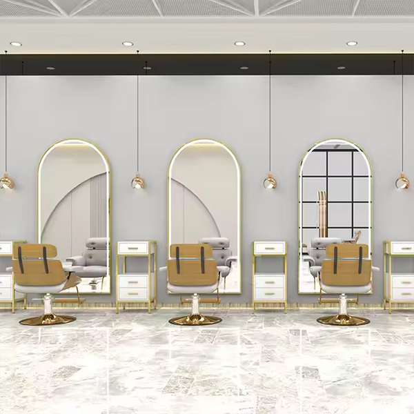Luxury Gold Hexagon Single Side Barber Mirror Stations Hair Dressing Salon Mirror Station with Led Light Barber Mirrors