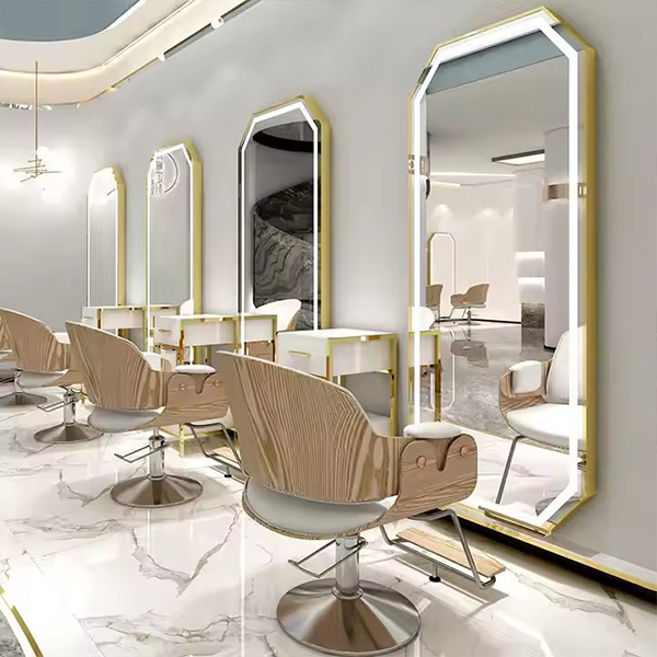 Luxury Gold Hexagon Single Side Barber Mirror Stations Hair Dressing Salon Mirror Station with Led Light Barber Mirrors