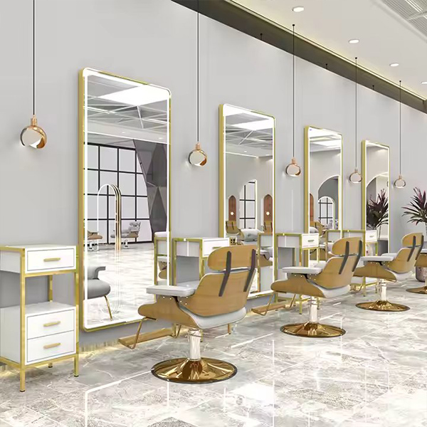 Luxury Gold Hexagon Single Side Barber Mirror Stations Hair Dressing Salon Mirror Station with Led Light Barber Mirrors