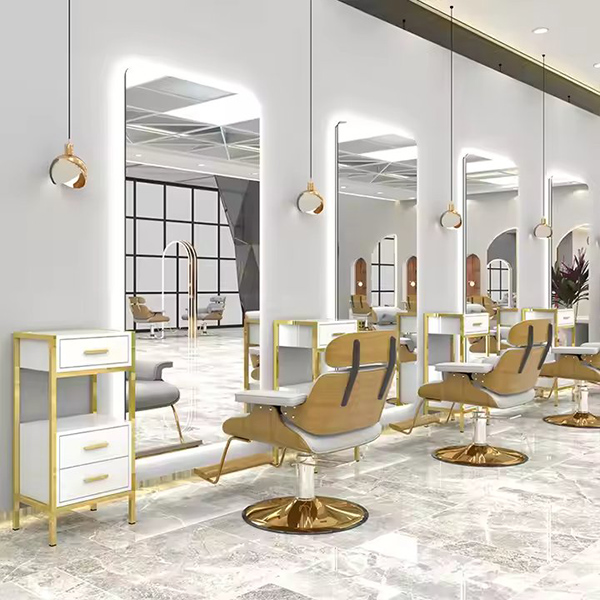 Luxury Gold Oval Barber Mirror Stations Hairdressing Salon Mirror Barber Unit Station with Led Light