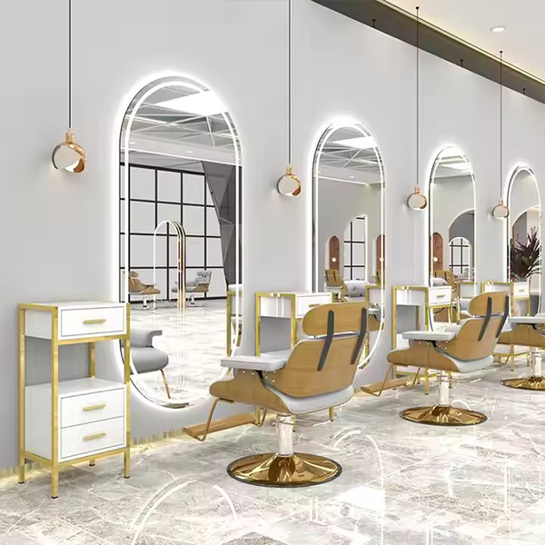 Luxury Gold Oval Barber Mirror Stations Hairdressing Salon Mirror Barber Unit Station with Led Light