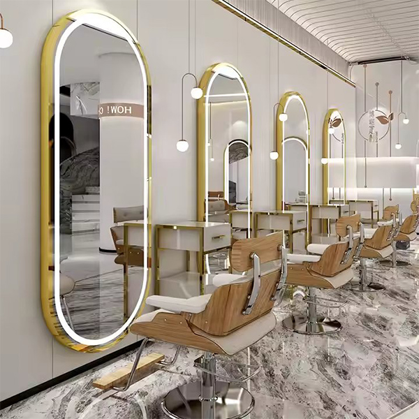 Luxury Gold Oval Barber Mirror Stations Hairdressing Salon Mirror Barber Unit Station with Led Light