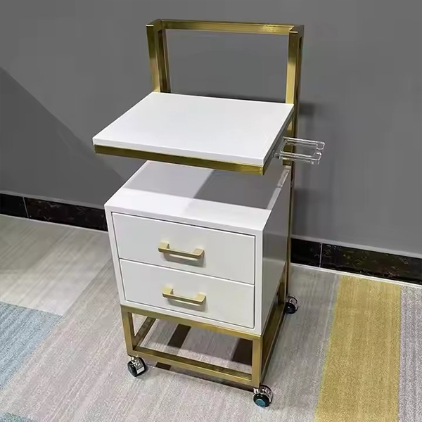 Luxury Gold Plated Stainless Steel Salon Trolley Beauty Salon Furniture White MDF Barbershop Salon Trolley