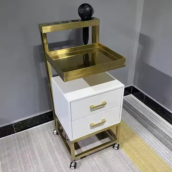 Luxury Gold Plated Stainless Steel Salon Trolley Beauty Salon Furniture White MDF Barbershop Salon Trolley