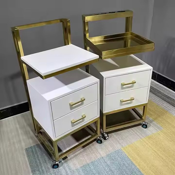 Luxury Gold Plated Stainless Steel Salon Trolley Beauty Salon Furniture White MDF Barbershop Salon Trolley