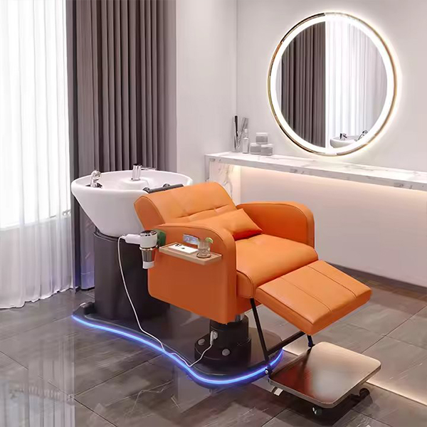 Modern Luxury Orange Leather Barber Shop Salon Furniture Washing Bed Electric Shampoo Chair for Sale