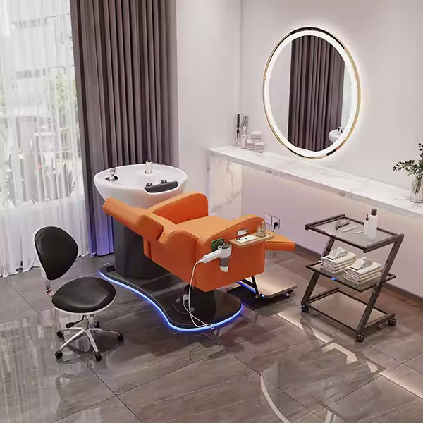 Modern Luxury Orange Leather Barber Shop Salon Furniture Washing Bed Electric Shampoo Chair for Sale