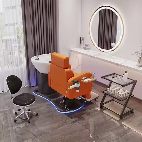 Modern Luxury Orange Leather Barber Shop Salon Furniture Washing Bed Electric Shampoo Chair for Sale